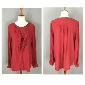 Sundance Ruffle Front Blouse Sz L Clay Red Rayon Long Sleeve Button Front Top